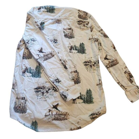 Chaps Button Down Shirt Men's Medium White Flannel Hunting Elk Pheasant Print - Picture 2 of 4